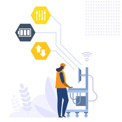 Automated production process at smart industry. Female worker interacts with the dashboard, analyzes data and manages production at factory. Vector character illustration isolated on white background