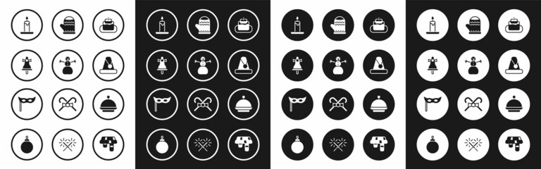 Set Cake, Christmas snowman, Merry ringing bell, Burning candle, Santa Claus hat, mitten, covered with tray and Festive mask icon. Vector