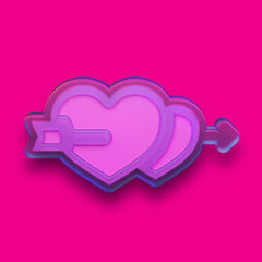 Two hearts pierced by arrow. Valentine's day concept icon in plastic or glass design with reflection. Loving couple in relationship, love affection symbol. 3D illustration pictogram for mobile app