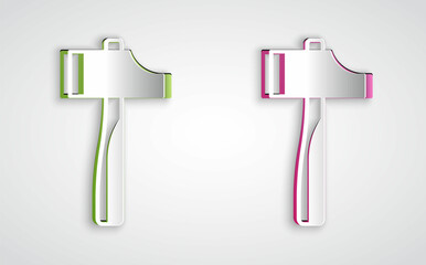 Paper cut Hammer icon isolated on grey background. Tool for repair. Paper art style. Vector