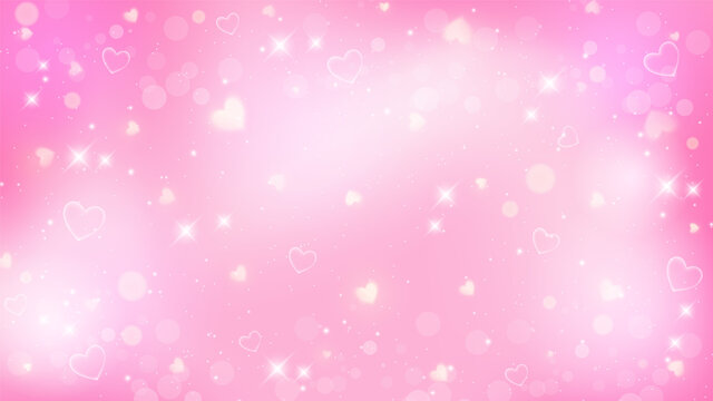 Fantasy background. Pattern in pastel colors. Pink sky with stars and hearts. Vector
