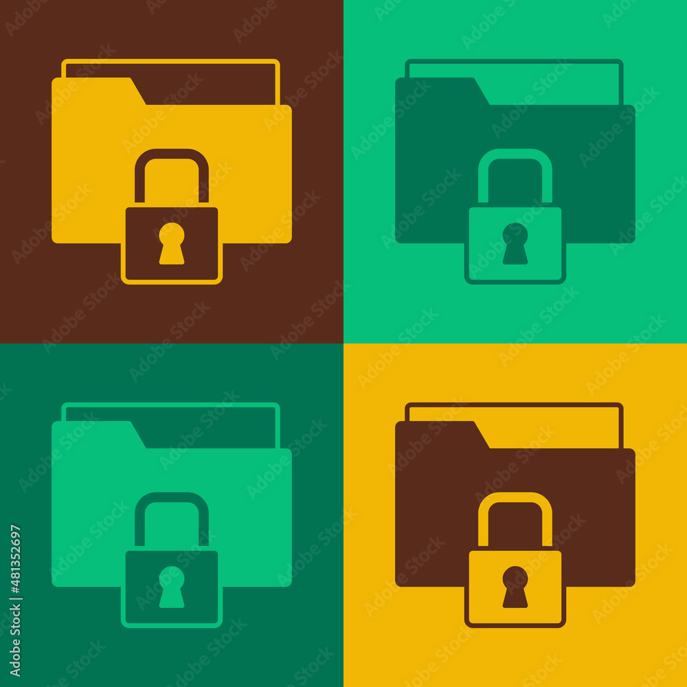 Poster pop art folder and lock icon isolated on color background. closed folder and padlock. security, safe