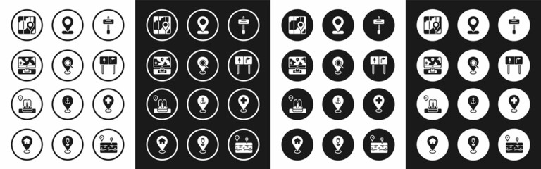 Set Road traffic sign, Search location, Monitor with marker, City map navigation, Location, Medical cross and fountain icon. Vector