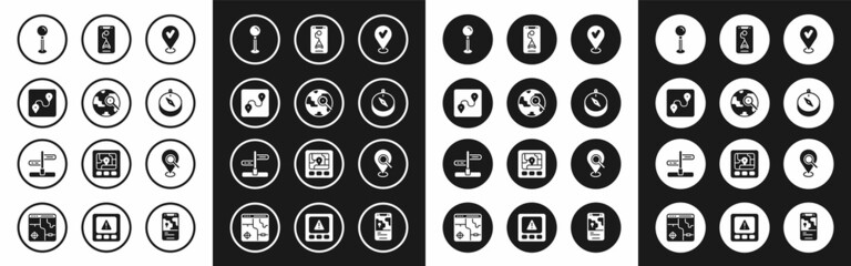 Set Location with check mark, Magnifying glass globe, Route location, Push pin, Compass, City map navigation, Search and Road traffic sign icon. Vector