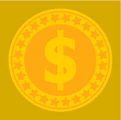 Gold coin with dollar sign on yellow background, American and world currency