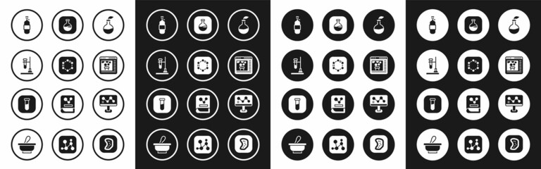 Set Plant breeding, Formula of benzene rings, Test tube flask on fire, Propane gas tank, Chemical online, and, formula and icon. Vector