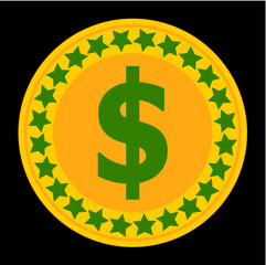 Gold coin with dollar sign, American and world currency