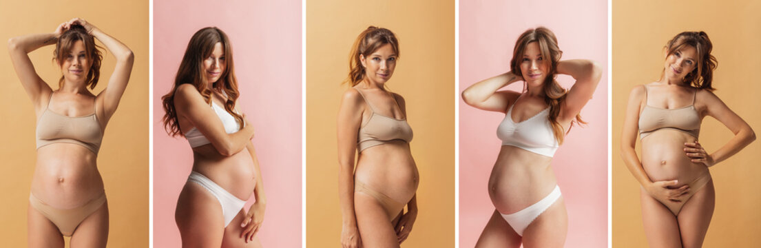 Set of portraits of smiling beautiful pregnant woman in underwear isolated on light studio background. Natural beauty, happy motherhood, femininity concept.