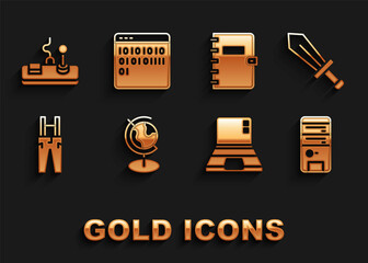 Set Earth globe, Sword for game, Computer, Laptop, Pants with suspenders, Spiral notebook, Gamepad and Binary code icon. Vector