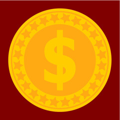 Gold coin with dollar sign on dark red background, American and world currency