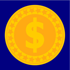 Gold coin with dollar sign on blue background, American and world currency