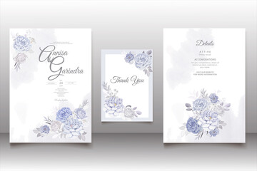 Fototapeta na wymiar Wedding invitation card template set with romantic blue floral leaves Premium Vector