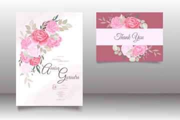 Wedding invitation card template set with romantic  floral leaves Premium Vector
