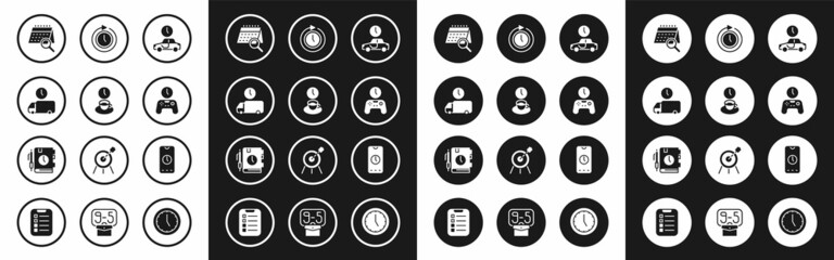 Set Time to travel, Coffee time, Delivery, Calendar search, Gamepad, Clock with arrow, Alarm clock app mobile and Daily paper notepad icon. Vector