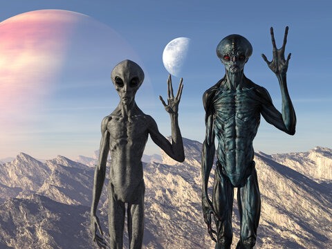 3d illustration of a blue and grey alien standing next to each other with hands up waving on a barren planet with a moon rising.