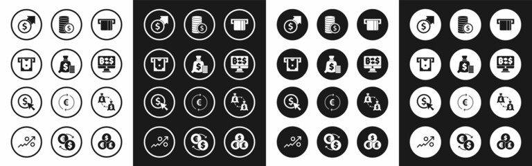 Set Credit card inserted, Money bag, ATM and money, Financial growth dollar, Cryptocurrency exchange, Coin with, Currency and icon. Vector