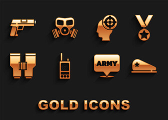 Set Walkie talkie, Military reward medal, beret, army, Binoculars, Target sport, Pistol gun and Gas mask icon. Vector