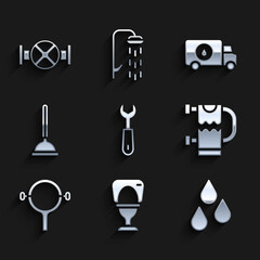 Set Wrench spanner, Toilet bowl, Water drop, Heated towel rail, Filter wrench, Rubber plunger, Plumber service car and Industry pipe and valve icon. Vector