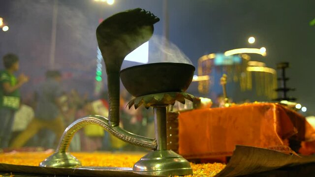 Ganga aarti ceremony rituals were performed by Hindu priests at Dashashwamedh Ghat and Assi Ghat in Varanasi Uttar Pradesh India