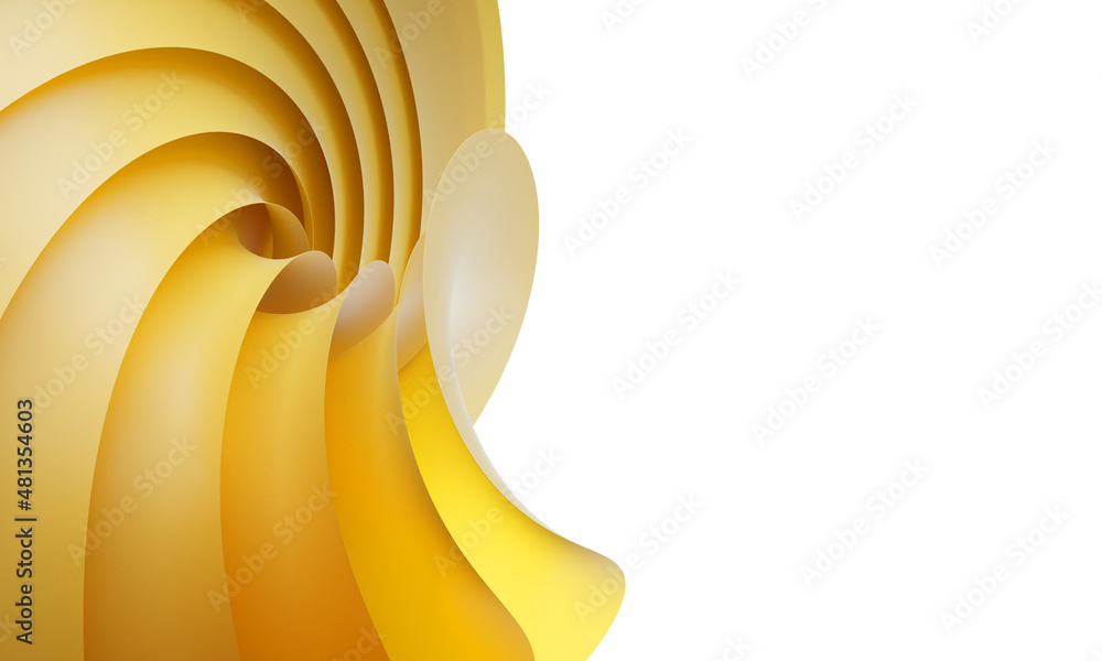 Poster 3d render, abstract background with golden curvy paper sheets, folded in shape flower. modern wavy r