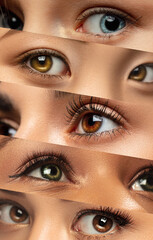 Collage. Set of close-up female beautiful eyes. Looking away. Natural beauty, wellness, well-kept...