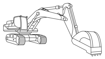 Children linear drawing for coloring book. Heavy excavator machine for construction and earthworks in linear. Industrial machinery and equipment. Isolated vector on white © RNko