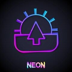 Glowing neon line Sunrise icon isolated on black background. Vector