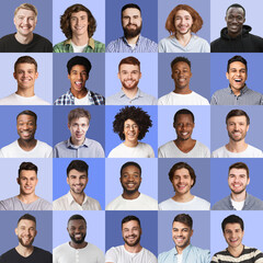 Collection of male avatars, multiracial men smiling on blue