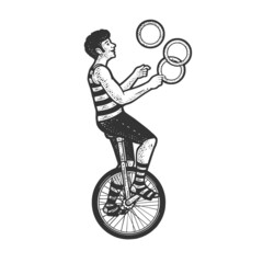 Juggler circus on unicycle sketch engraving raster illustration. T-shirt apparel print design. Scratch board imitation. Black and white hand drawn image.