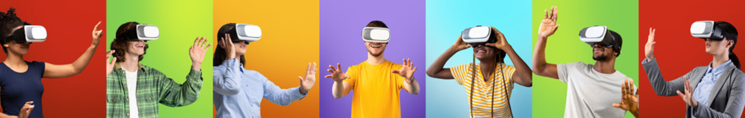 Naklejka premium Group of millennial people wearing VR glasses and experiencing virtual reality over colourful backgrounds, collage