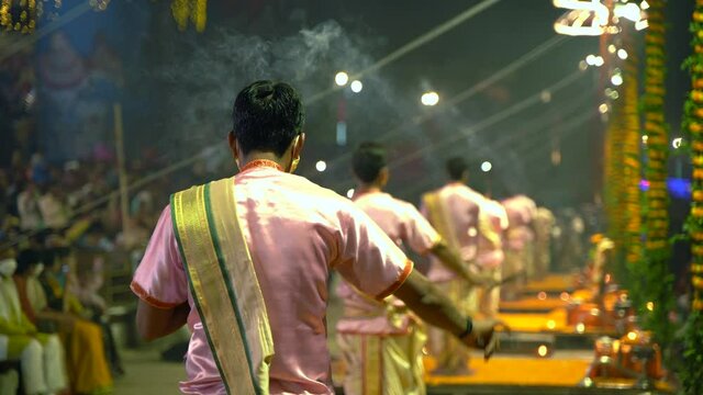 Ganga aarti ceremony rituals were performed by Hindu priests at Dashashwamedh Ghat and Assi Ghat in Varanasi Uttar Pradesh India