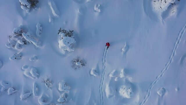 Aerial view above Santa Claus snowshoeing in snowy forest at the arctic circle in Lapland - birds eye, drone shot