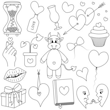 Valentine day. Sketch. Set of vector illustrations. Doodle style. Love collection. Coloring book. Goby, hourglass, love, Korean heart, arrow. A group of cute images. Outline on isolated background. 