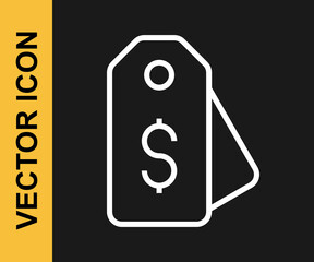 White line Price tag with dollar icon isolated on black background. Badge for price. Sale with dollar symbol. Promo tag discount. Vector