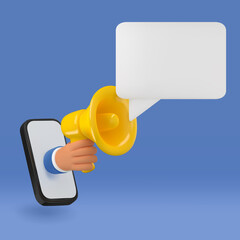 3d news notification illustration. Cartoon hand holding yellow megaphone realistic icon. Vector speech bubble, announcement concept