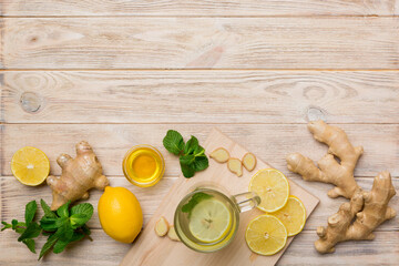 Natural cold and flu home remedies. Natural ingredients for immunity stimulation and viruses protection. top view flat lay