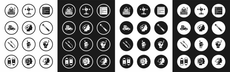 Set Computer api interface, Humanoid robot, Autonomous smart car, Error, Screwdriver, Disassembled, Smart glasses and Soldering iron icon. Vector