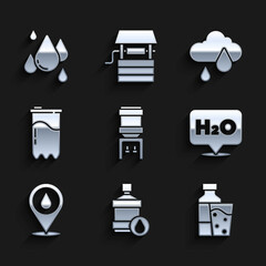Set Water cooler, Big bottle with clean water, Bottle of glass, Chemical formula for H2O, drop location, filter cartridge, Cloud rain and icon. Vector