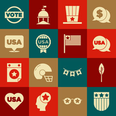 Set Shield with stars, Indian feather, USA Independence day, Patriotic American top hat, Medal, Vote and flag icon. Vector