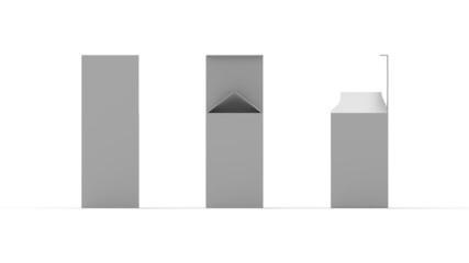 3D rendering of a design mockup template of a cardboard product packaging box. Empty box isolated