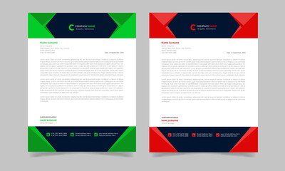 Corporate modern company letterhead design template with red and green shapes 