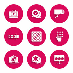 Set Graphic password protection, System bug, Folder with, Password, Laptop protected shield, Security camera and and lock icon. Vector