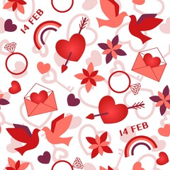 Seamless pattern with symbols of Valentines day, such as heart, flower, dove, heart with cupid arrow, engagement ring, valentine card, rainbow.