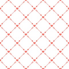 Fototapeta premium Seamless pattern with diagonal grid, cupid love arrow, small hearts. Vector pattern for decoration of wedding, engagement event, Valentines day