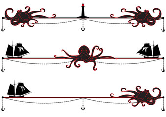 set of sea vector dividers with octopus, tall hips and lighthouse in black, red and white colors