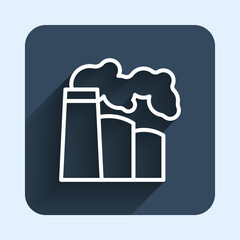 White line Oil and gas industrial factory building icon isolated with long shadow background. Blue square button. Vector