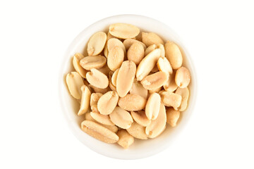 Top View of Salted Peanuts Bowl Isolated on White Background with Clipping Path