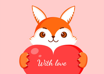 Cute fox is holding a big red heart. Vector fox illustration for valentine's day for postcard, textile, decor, poster. Love message. Greeting card.