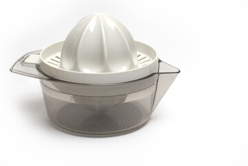 Closeup orange lemon squeezer container white background