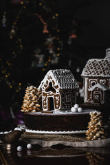 Chocolate and dried fruit cake decorated with handmade gingerbread house and lemon cookie spruces with Christmas tree on background.